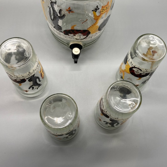 5 Pc Anchor Hocking Cats Butterflies Glasses Jug Dispenser Set Vintage EVC - Picture 7 of 7